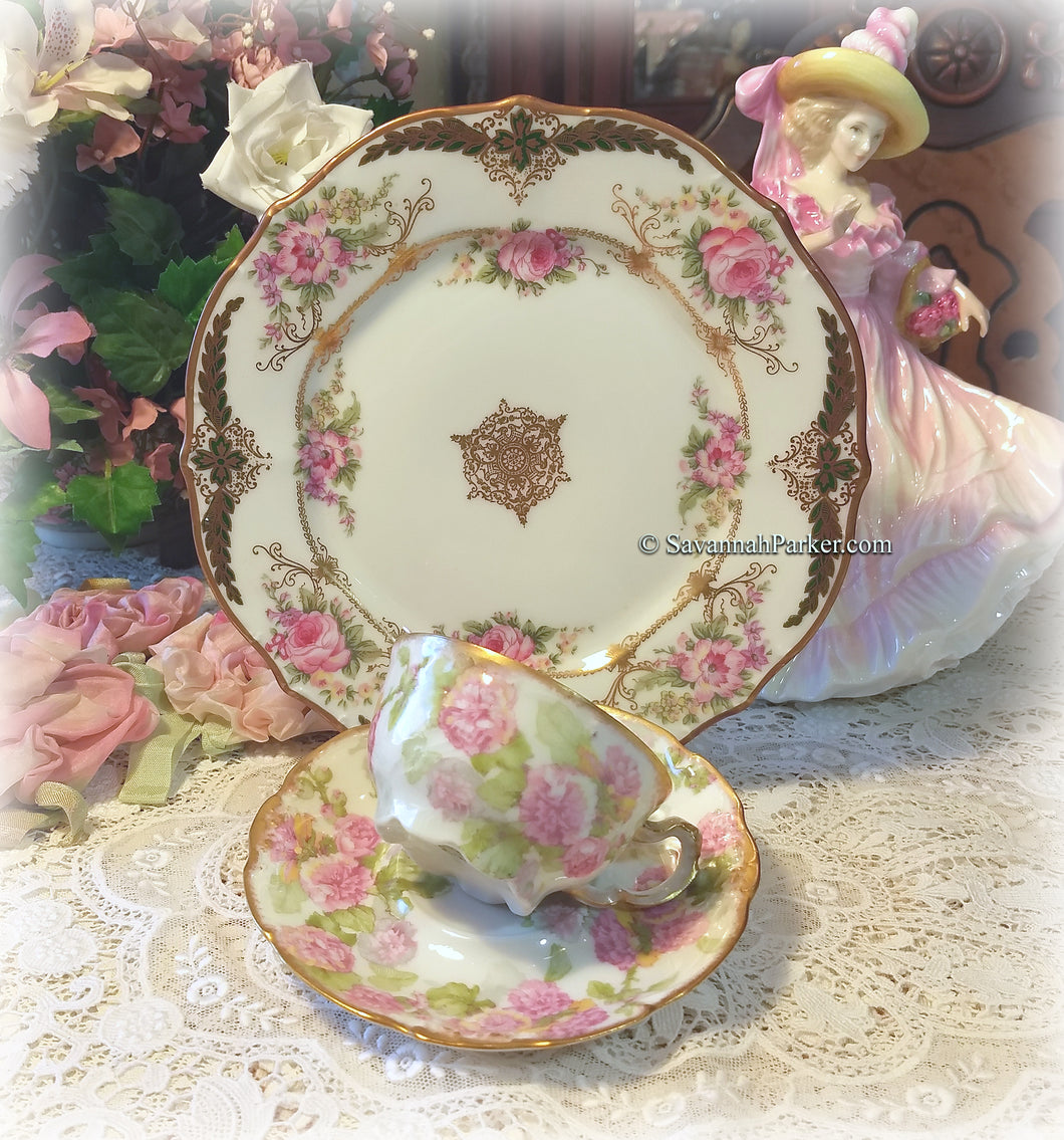 SOLD Dainty Antique Limoges France Pink Roses Green and Gold China Tea Trio, Cup, Saucer, Luncheon Plate ~ Hand Applied Gold ~ Shabby Chic