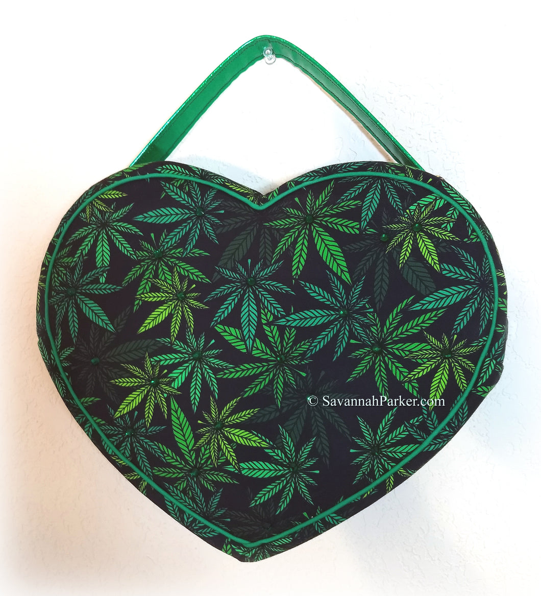 SOLD AMAZING Emerald Cannabis Green Black Retro Heart Shaped Purse Handbag, Handsewn Piping and Binding, Jeweled Detachable Strap, Jewel Charms