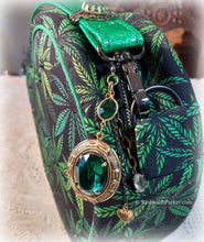 Load image into Gallery viewer, SOLD AMAZING Emerald Cannabis Green Black Retro Heart Shaped Purse Handbag, Handsewn Piping and Binding, Jeweled Detachable Strap, Jewel Charms
