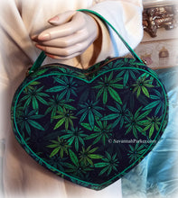 Load image into Gallery viewer, SOLD AMAZING Emerald Cannabis Green Black Retro Heart Shaped Purse Handbag, Handsewn Piping and Binding, Jeweled Detachable Strap, Jewel Charms
