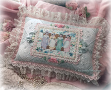 Load image into Gallery viewer, Exquisite Romantic Antique Lace and Silk Ribbonwork Handsewn Pillow - Gorgeous Shabby Chic Cottage - All Antique Laces - White Aqua Pink
