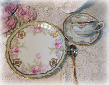 Load image into Gallery viewer, SOLD Beautiful Antique Limoges France Green and Pink w Applied Gold China Tea Trio, Cup, Saucer, Luncheon Plate ~ Handpainted ~ Shabby Chic
