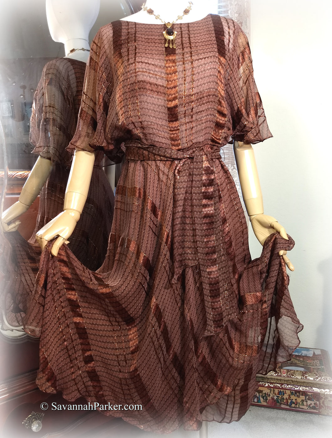 Beautiful Vintage 70s-80s Silk Chiffon Dress / The Silk Farm Designed by Icinoo / Glittering Threads / Chocolate Brown / Multi Tiered Skirt