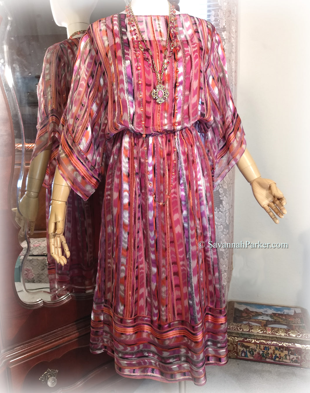 Vintage Vivid Pink Coral Metallic Boho 70s 80s Silk Dress / The Silk Farm Designed by Icinoo / Glittering Gold Threads / Matching Silk Slip