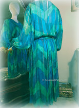 Load image into Gallery viewer, Fabulous Vintage Boho 70s 80s Silk Dress and Sash / The Silk Farm/ Vivid Teal Sea Green Silk Satin Metallic Stripe/ Matching Silk Crepe Slip
