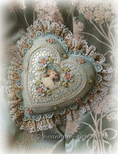 Load image into Gallery viewer, Antique Style Exquisite Romantic Cottage Shabby Chic Pillow - Robin&#39;s Egg Blue Crocheted Heart Shape - Antique Laces - Ribbonwork Flowers - MADE TO ORDER
