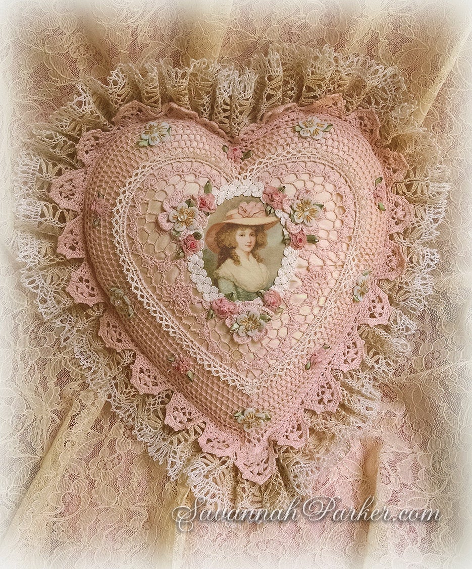 Antique Style Exquisite Romantic Cottage Shabby Chic Pillow - Sweet Blush Pink Crocheted Heart Shape - Antique Laces - Ribbonwork Flowers - MADE TO ORDER