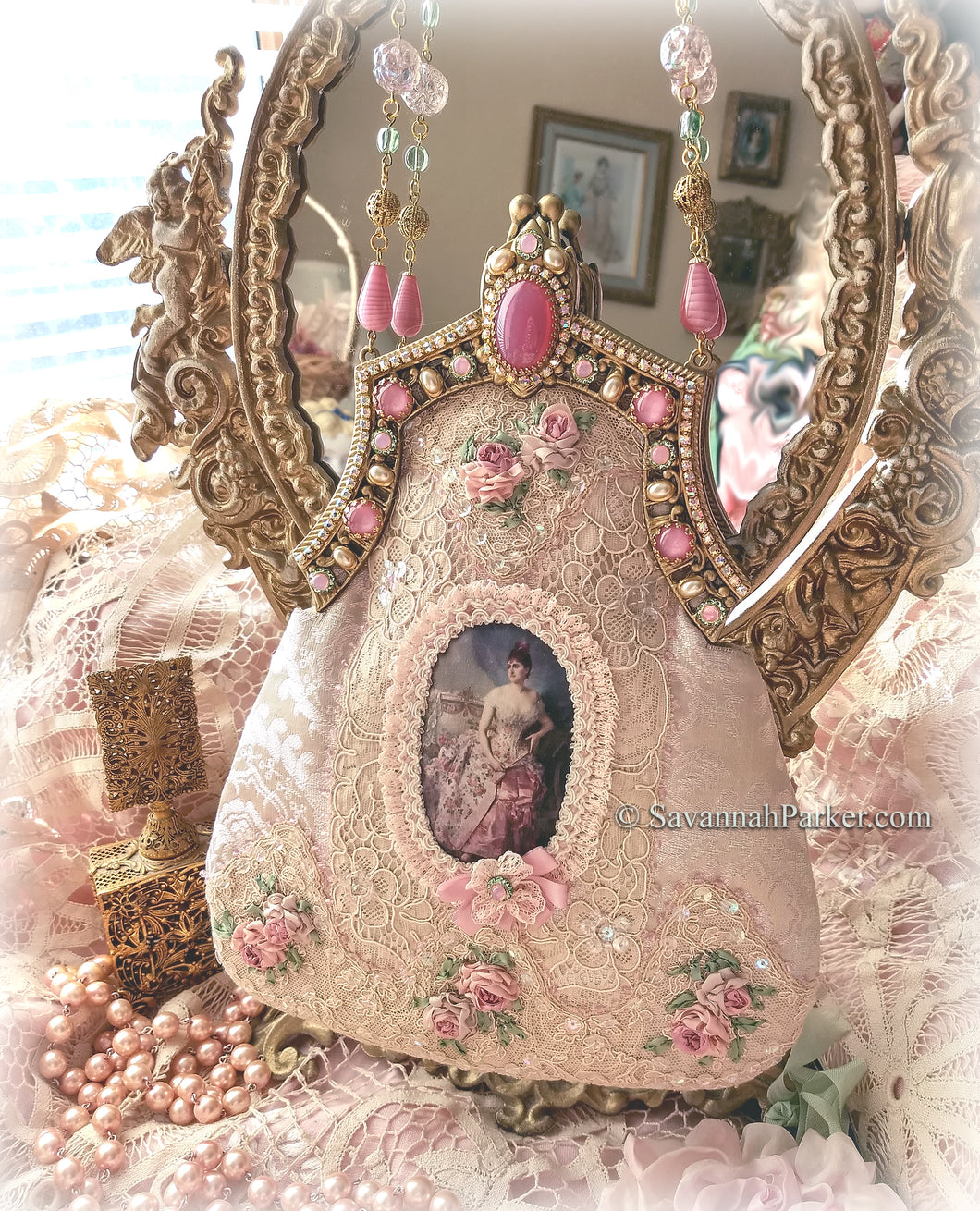 SOLD OUT Antique Style Victorian Edwardian Silk Ribbon Roses Purse - Jeweled Frame - Antique Lace Trim - Silk Ribbonwork Embroidery - Ready to Ship