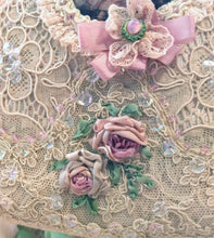 Load image into Gallery viewer, SOLD OUT Antique Style Victorian Edwardian Silk Ribbon Roses Purse - Jeweled Frame - Antique Lace Trim - Silk Ribbonwork Embroidery - Ready to Ship
