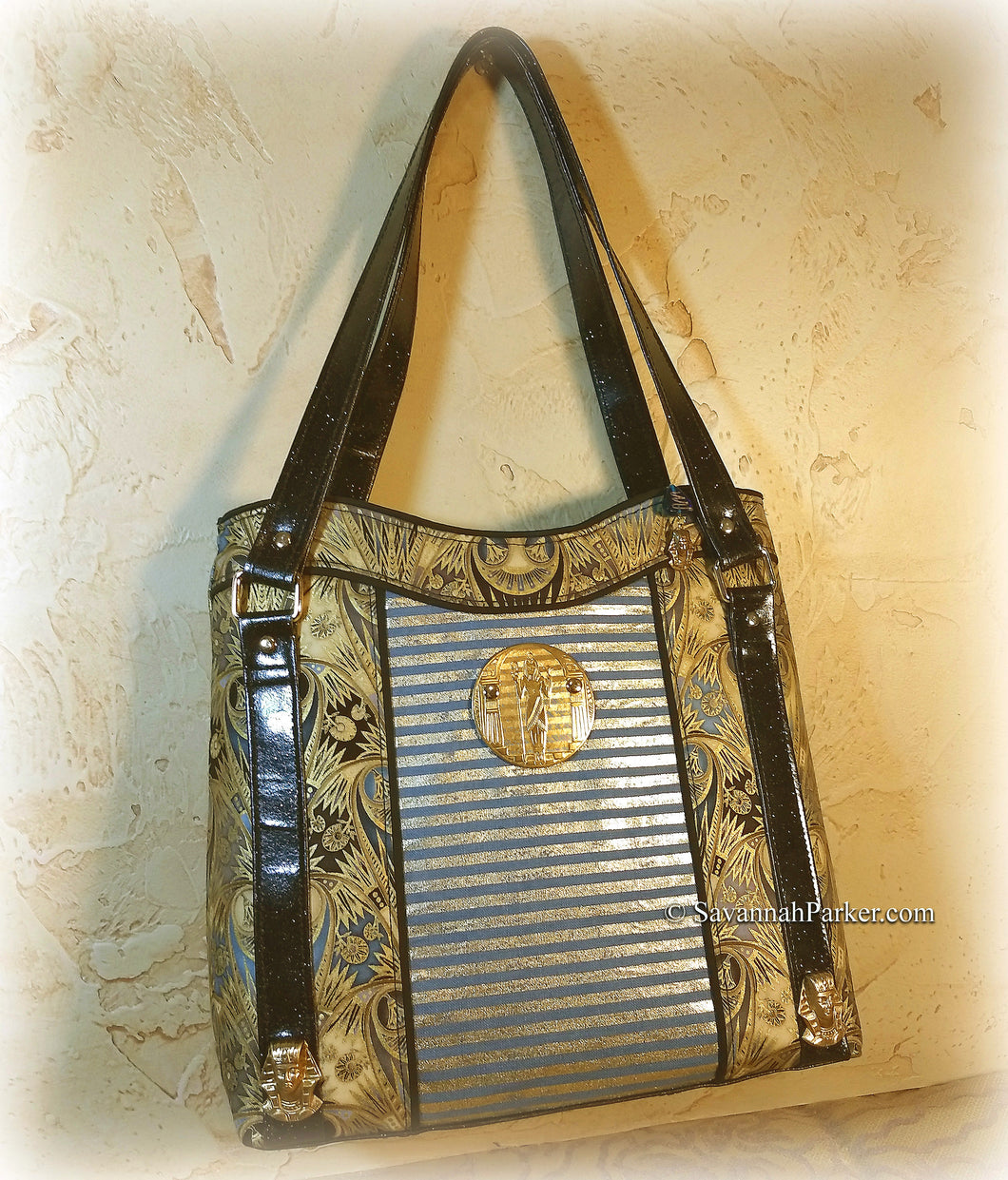 Magnificent Egyptian Inspired Large Handbag -Shoulder Bag -Tote Style -Rare Metallic Egyptian Print -Vintage Brass Accents -Double Handles