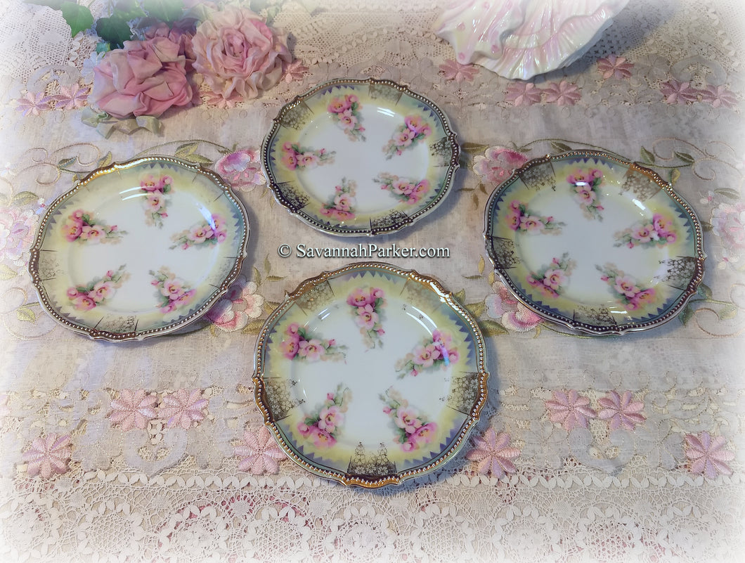 SOLD 4 Antique Limoges-style Silesia Pink Roses Pearlized Lustre China Tea Plates with Gold, Bridal Shower Wedding Gift, Shabby Chic Cottage