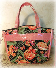 Load image into Gallery viewer, Coral Rose-Gold Glitter Vinyl Large Floral Handbag -Shoulder Bag -Tote Style -Vintage April Cornell Fabrics -Crossbody Strap -Double Handles
