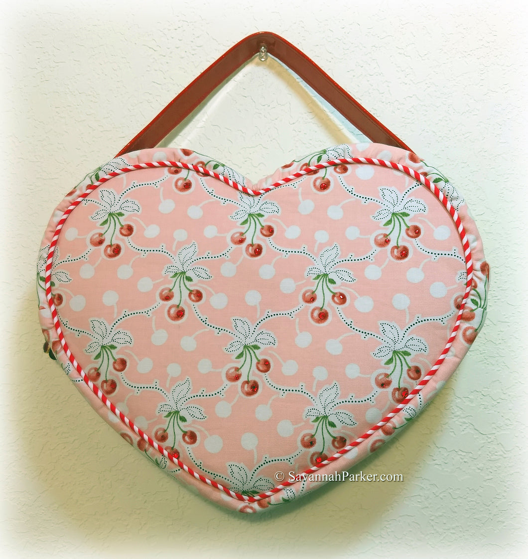 Charming Vintage Cherries Red and Pink Retro Heart Shaped Purse Handbag, Handsewn Piping and Binding, Jeweled Detachable Strap, Jewel Charms