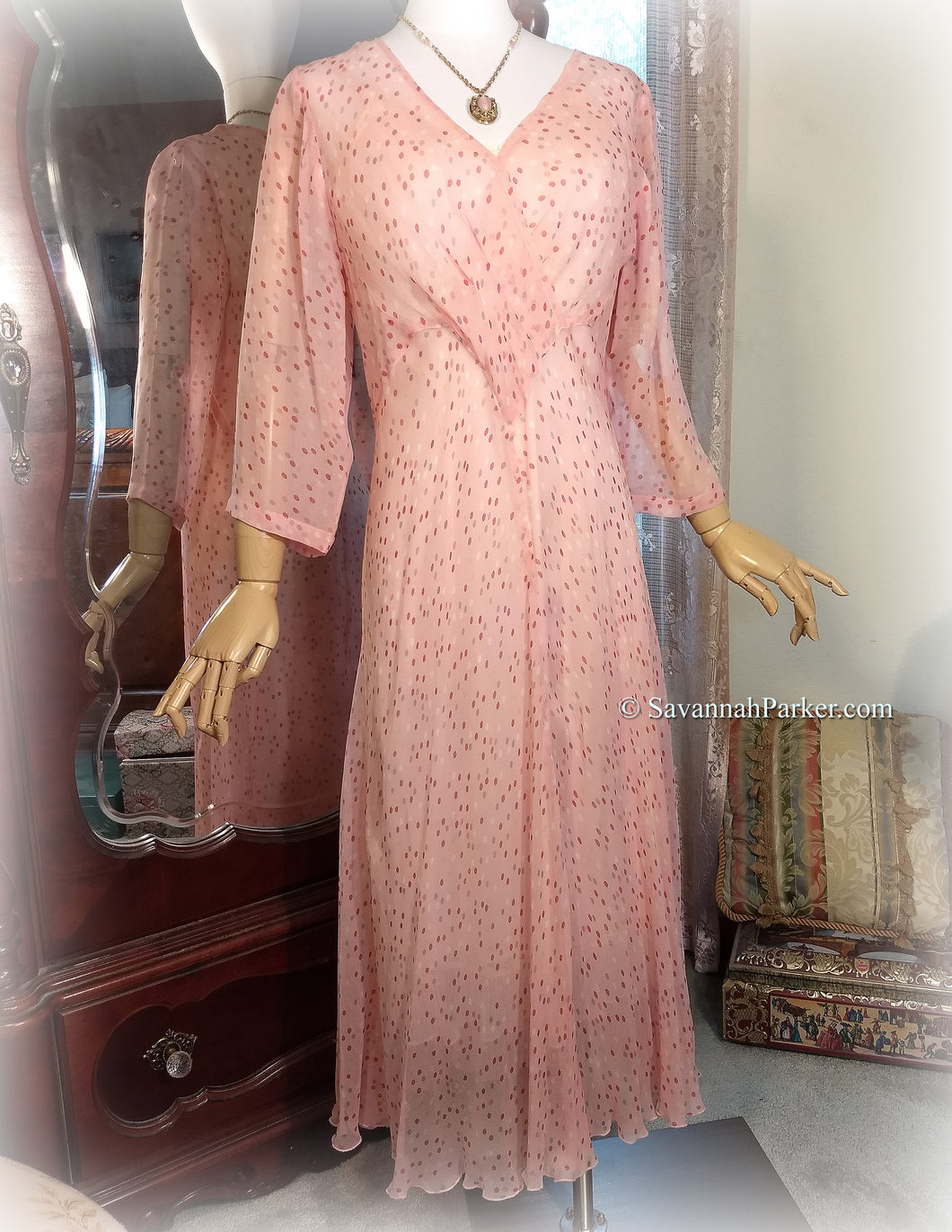 SOLD Gorgeous Vintage April Cornell - Blush Pink Confetti Dots Print Sheer Chiffon - Garden Party Tea Dress - Cottagecore - Sweet Shabby Chic