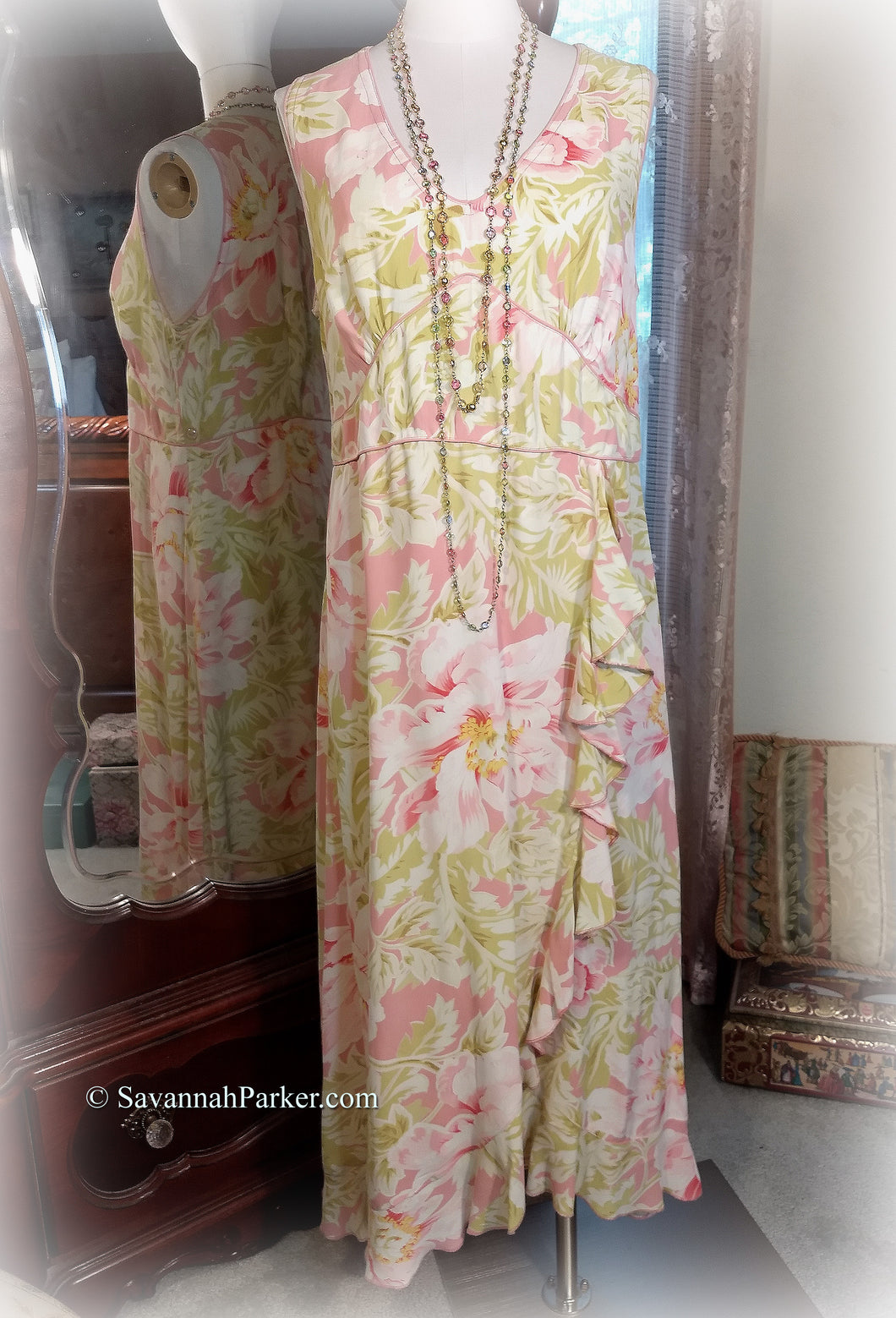 SOLD April Cornell Vintage - Pink Green Tropical Floral Rayon Crepe -1990s Does 1920s/30s Dress - Cottagecore - Asymmetrical Flounced Skirt