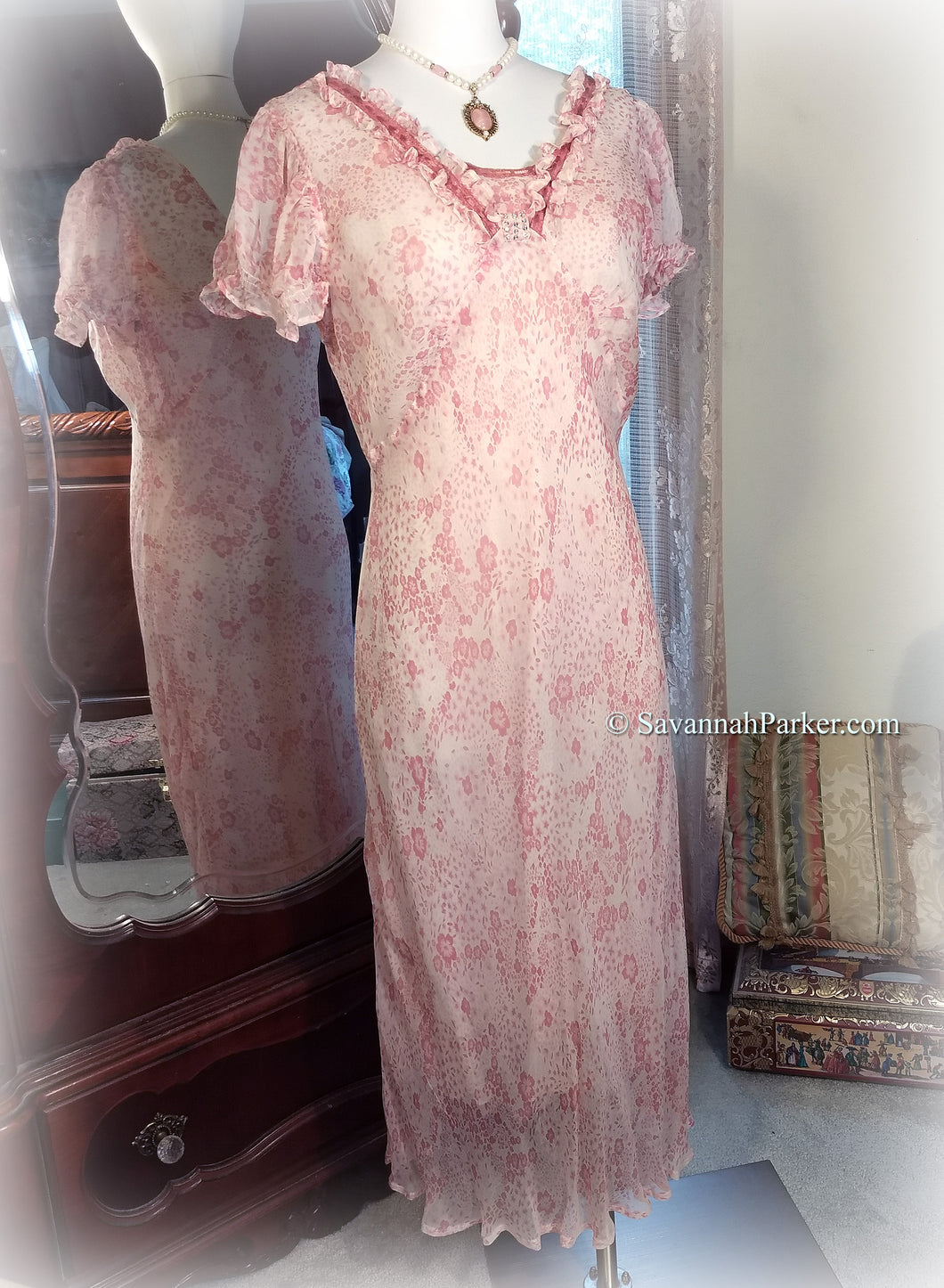SOLD Delicious Vintage April Cornell - Pink and White Print Sheer Bias Chiffon - Garden Party Tea Dress - Cottagecore - Sweet Shabby Chic