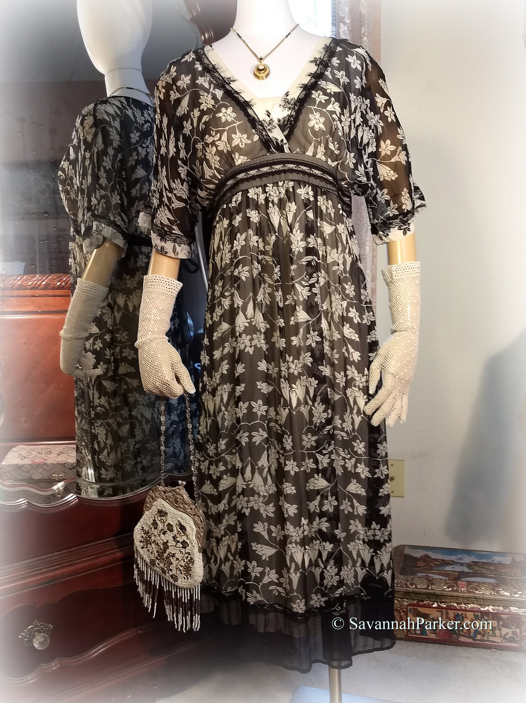 SOLD Fantastic Vintage Silk Chiffon 1990s does 1910s-20s Dress - Titanic Style - Gorgeous Black/Ivory Silk Print - Black Lace Trim - Full Slip