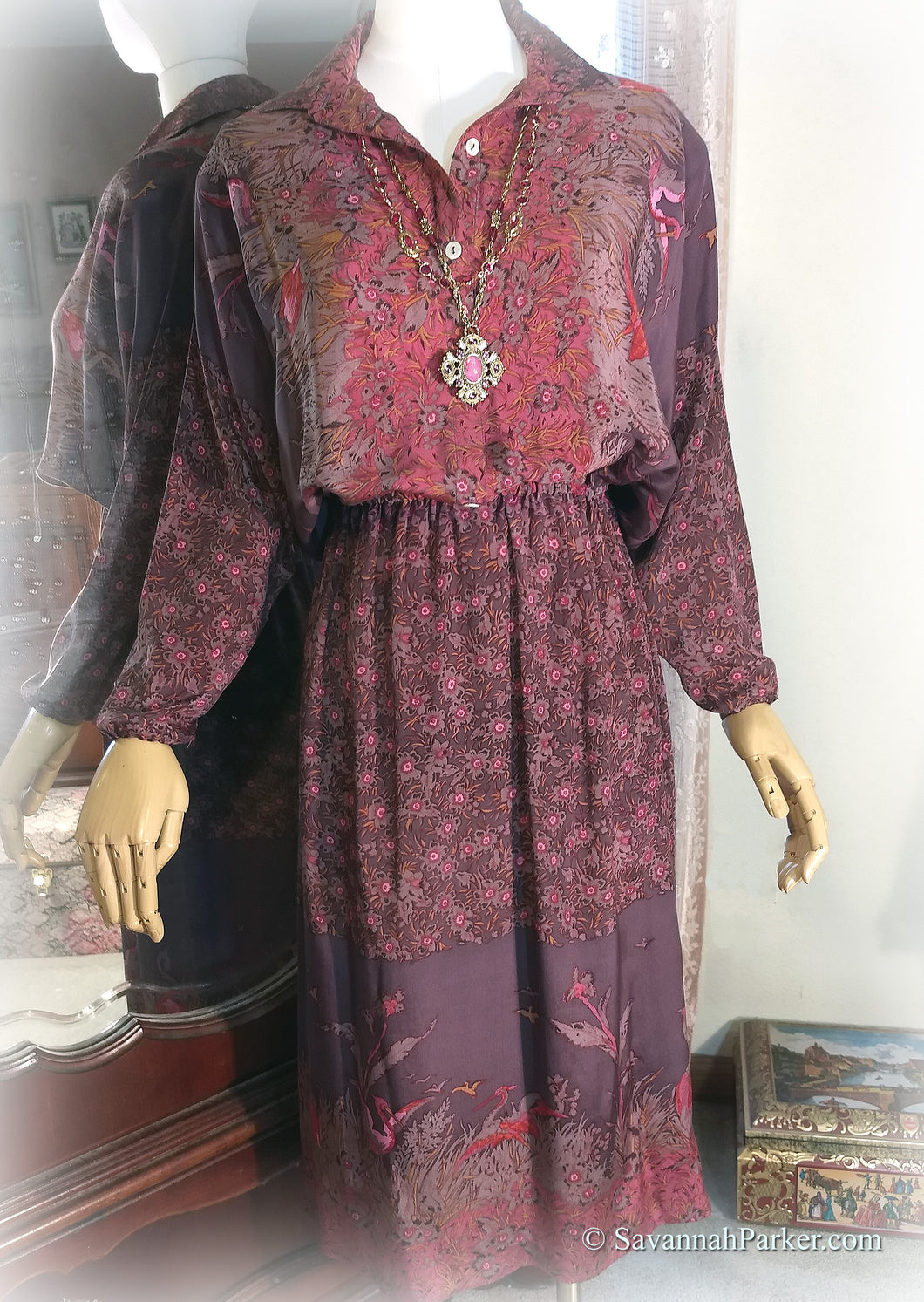 SOLD Exquisite Vintage 1980s Pure Silk Boho Border Print Dress - Carole Little/St Tropez West - Gorgeous Mauve Rose Pink Purples Silk Crepe