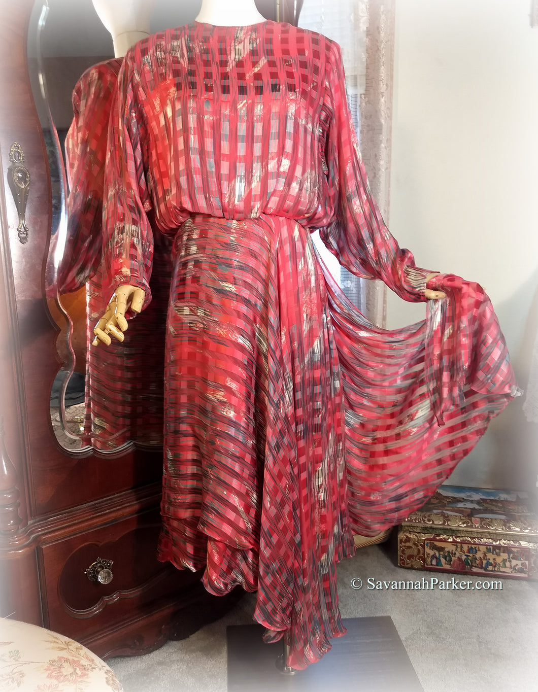 SOLD Vintage Coral Boho 70s 80s Draped Silk Chiffon Dress - Designed by Icinoo (The Silk Farm) Full Floaty Layered Skirt - Silk Satin Stripes