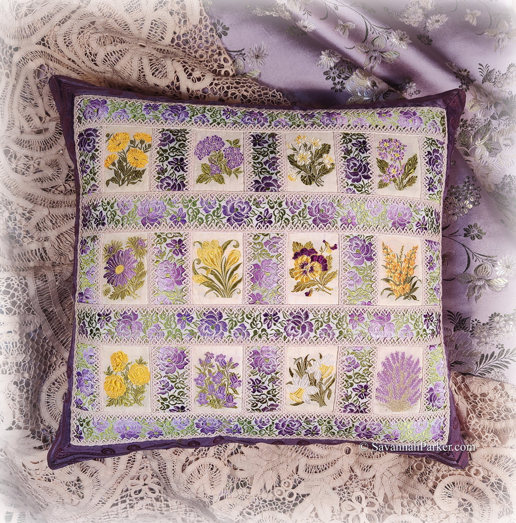 Spectacular Lilac and Yellow Romantic All Silk Handsewn Exquisite Gilded Age Pillow - RARE Antique Woven Kensitas Flower Silks - Antique Lace