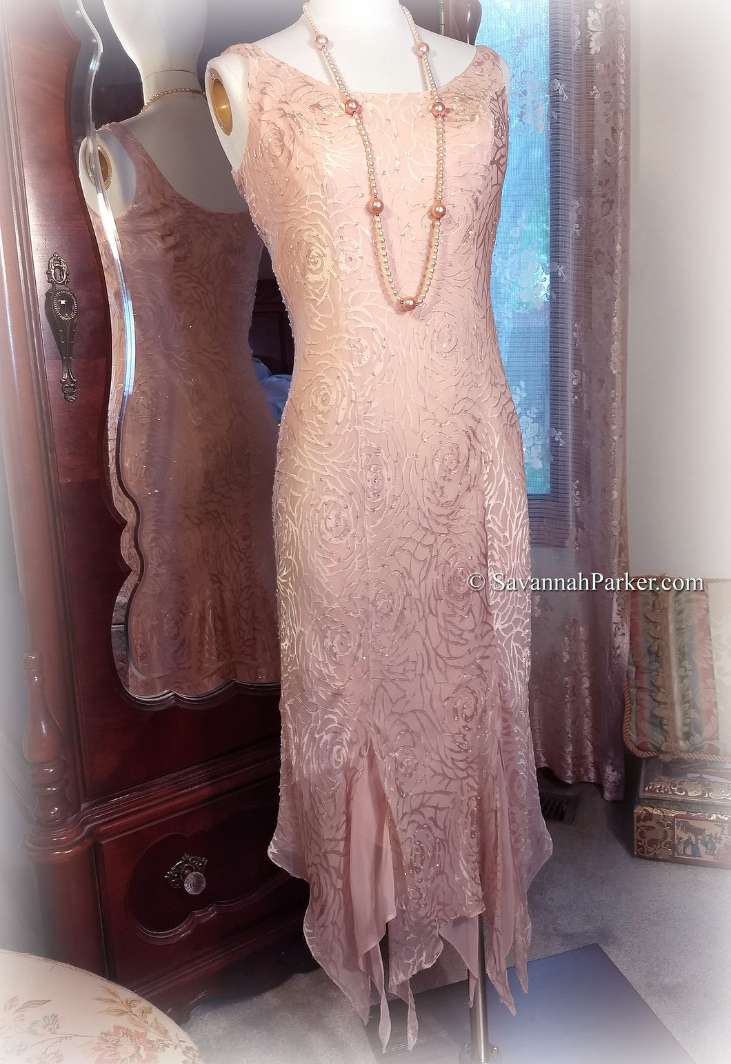 SOLD Fabulous Vintage Marilyn Style - Pink Silk Hollywood Goddess Dress - 90s does Deco - Beaded and Sequined - Handkerchief Hem