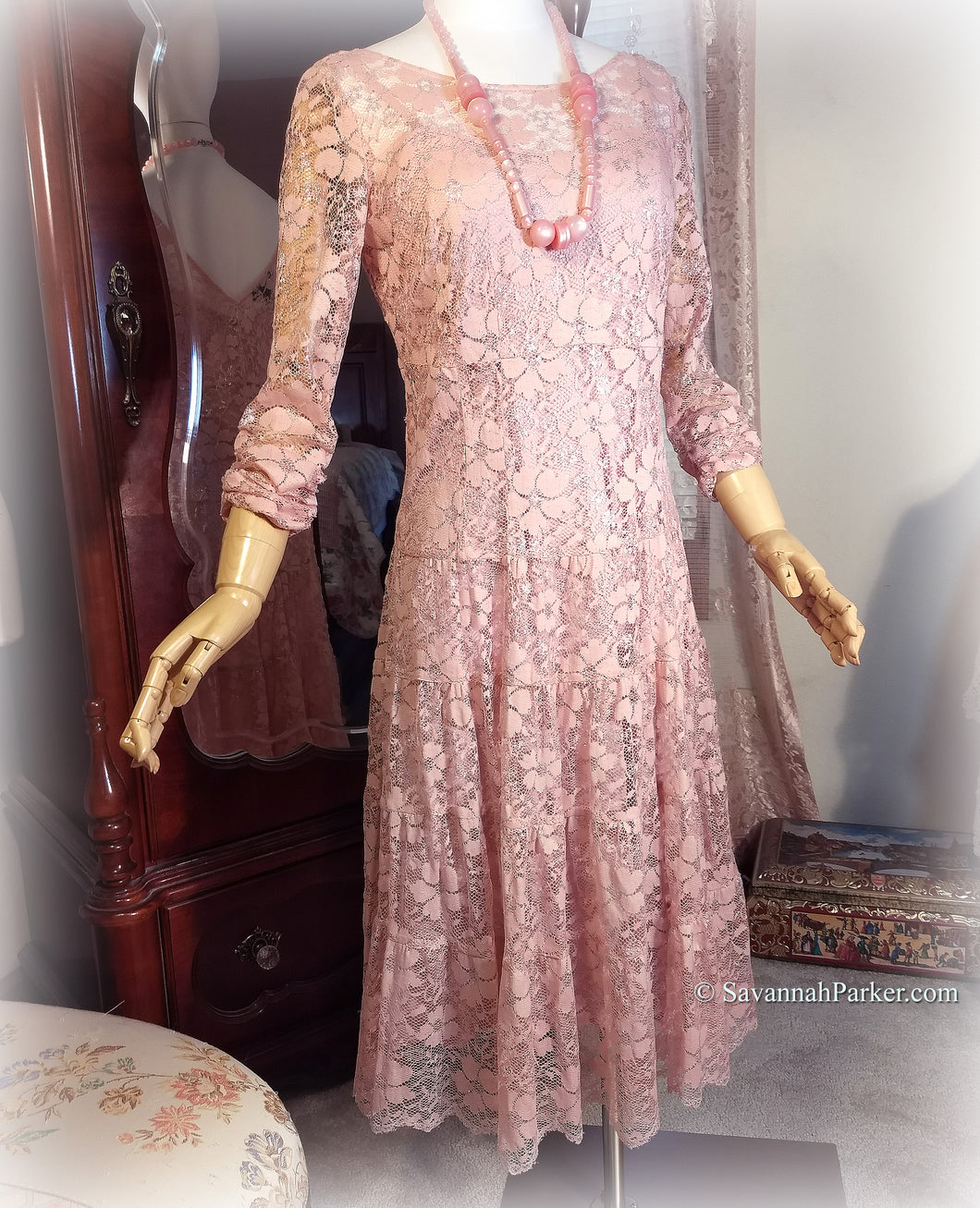 Romantic Vintage 80s-90s - Pink and Metallic Silver Victorian Lace Dance Party Tea Dress - Tiered Full Twirly Skirt - Separate Slip
