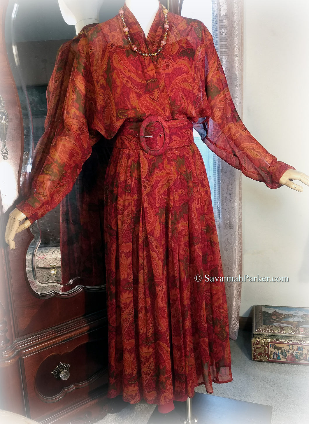 SOLD Superb Vintage Silk Chiffon 1980s Boho 3 pc Print Full Skirt Dress - Gorgeous Ruby Red/Flame Autumnal Print - Separate Slip - Matching Belt