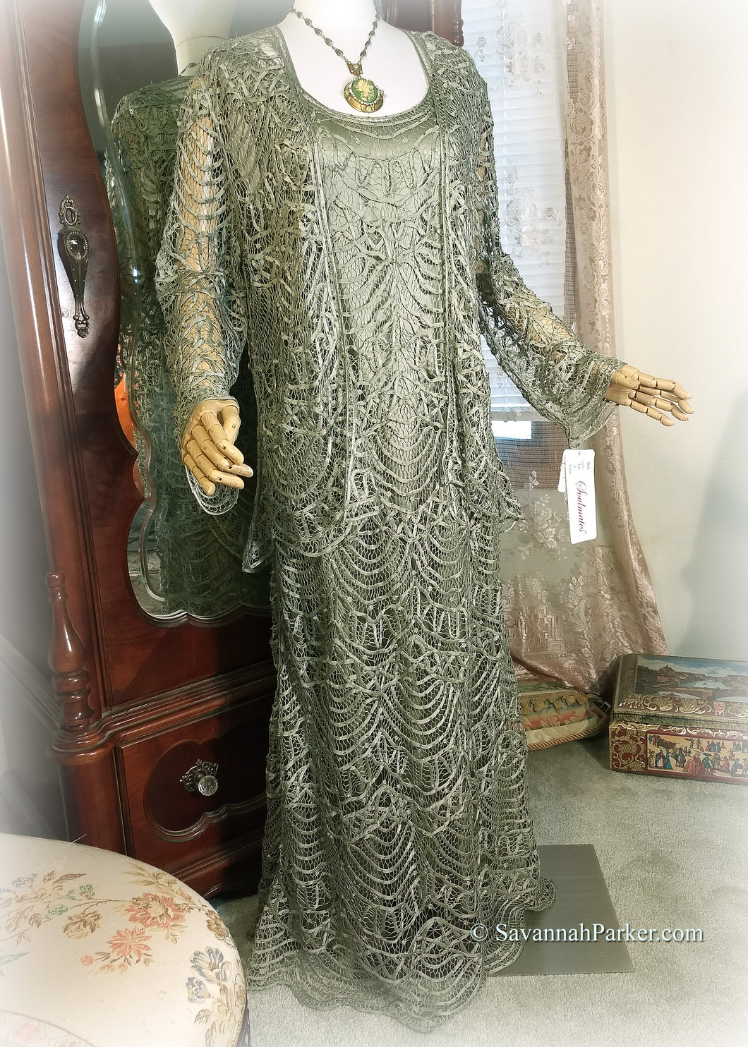 SOLD Amazing Vintage NEW with Tags All Silk Beaded Handmade Battenburg-style Lace Dress, Jacket and Slip - Gorgeous Sage Green Silk Satin - Silk Satin Slip