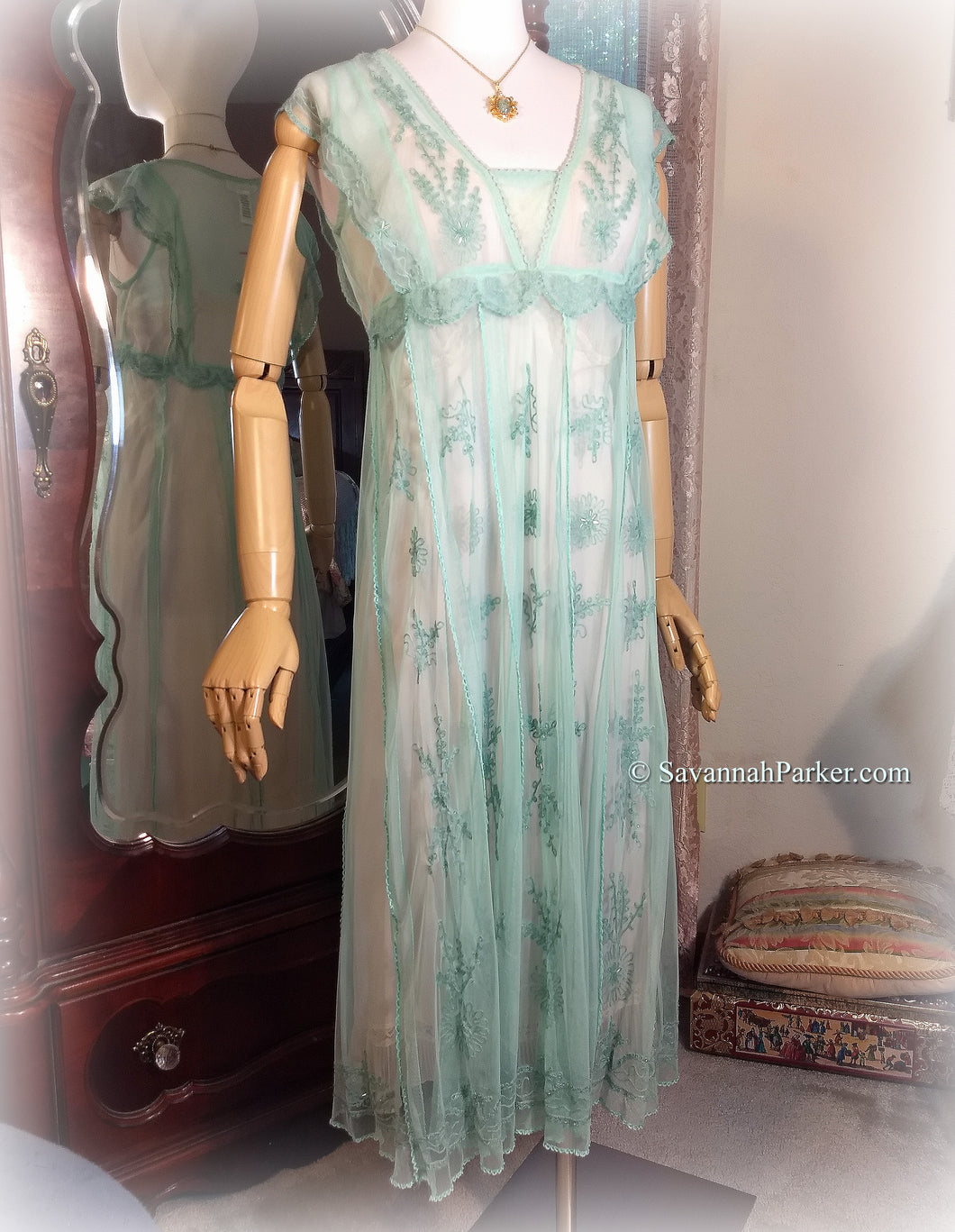 Beautiful Antique Inspired Sea Green Beaded Embroidered Lace Dress - New w Xtra Beads - Edwardian Style - Wedding or Garden Party Dress