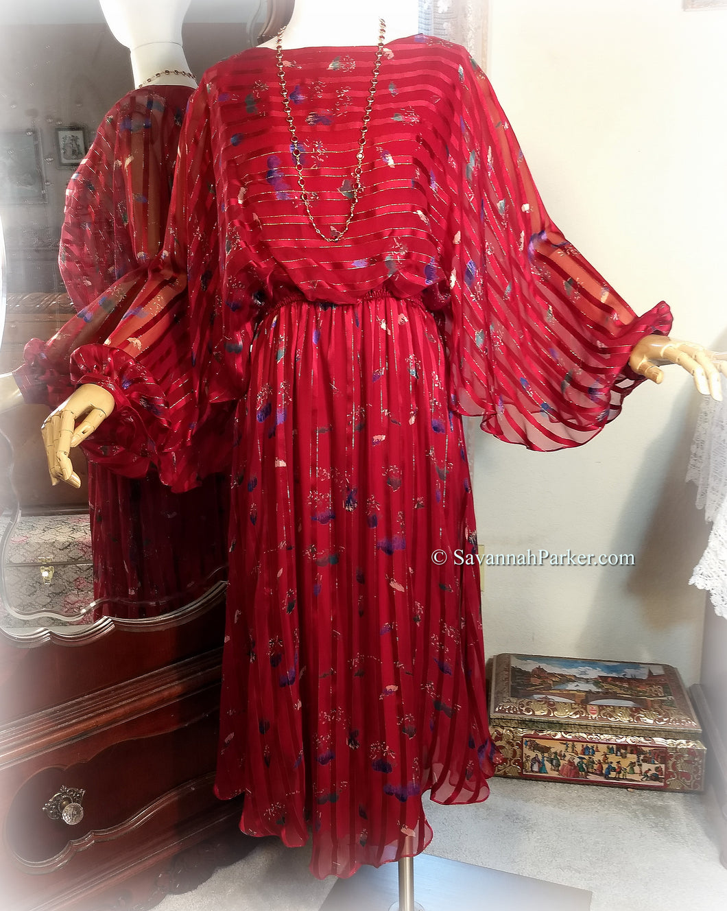 Brilliant Ruby Red Stevie Style Beautiful Vintage 70s-80s Silk Chiffon Goddess Dress / The Silk Farm Designed by Icinoo / Golden Threads