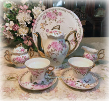 Load image into Gallery viewer, SOLD Elegant Vintage Lefton China Victorian Style Pink Roses Tea Set, Teapot, Creamer, Sugar, 2 sets Cups and Saucers, Lg Cake Plate, Shabby Chic
