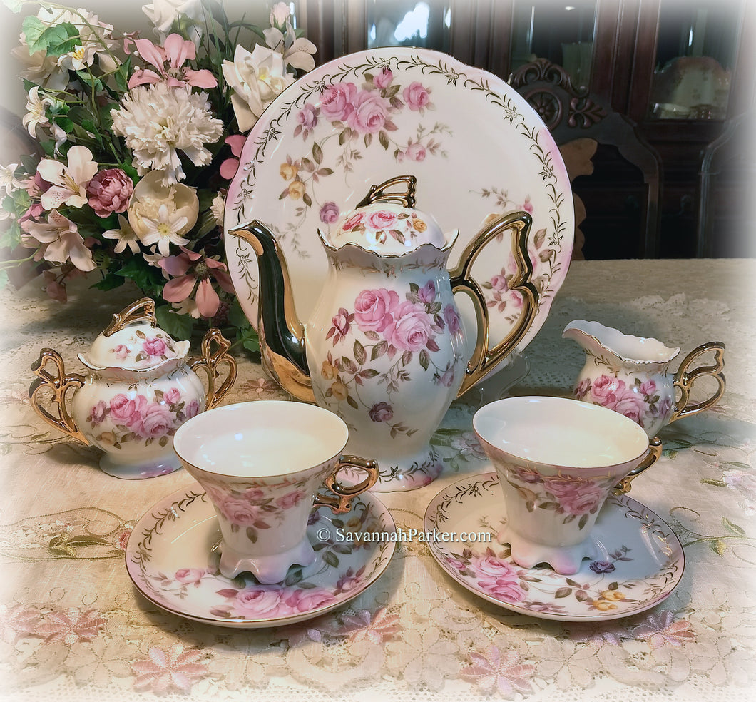 SOLD Elegant Vintage Lefton China Victorian Style Pink Roses Tea Set, Teapot, Creamer, Sugar, 2 sets Cups and Saucers, Lg Cake Plate, Shabby Chic