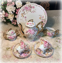Load image into Gallery viewer, SOLD Elegant Vintage Lefton China Victorian Style Pink Roses Tea Set, Teapot, Creamer, Sugar, 2 sets Cups and Saucers, Lg Cake Plate, Shabby Chic
