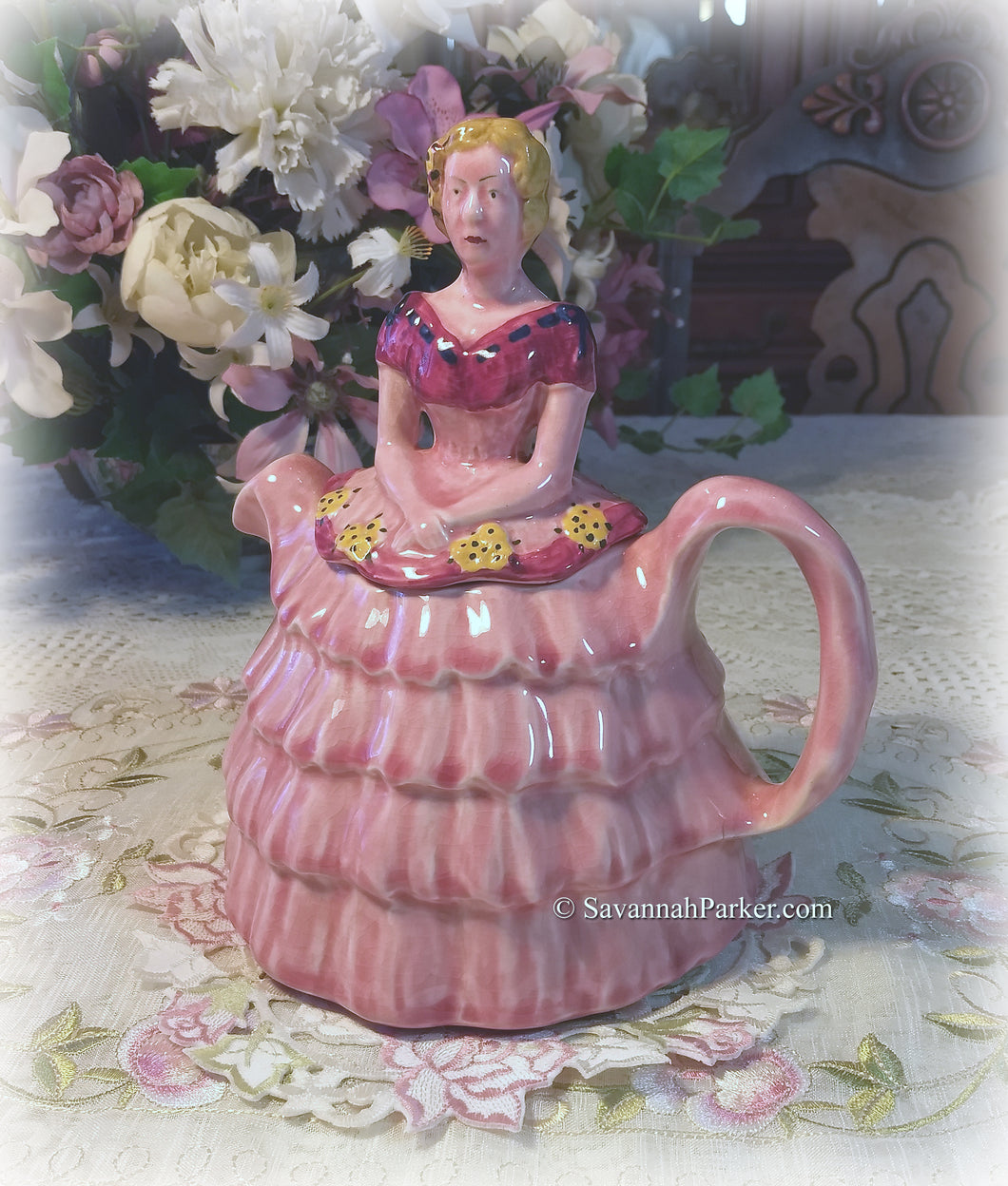 SOLD Amazing Vintage 1950's Pink Crinoline Lady Figural Teapot, H J Wood Burslem England, Rose Pink Southern Belle,Handpainted, Shabby Chic Decor