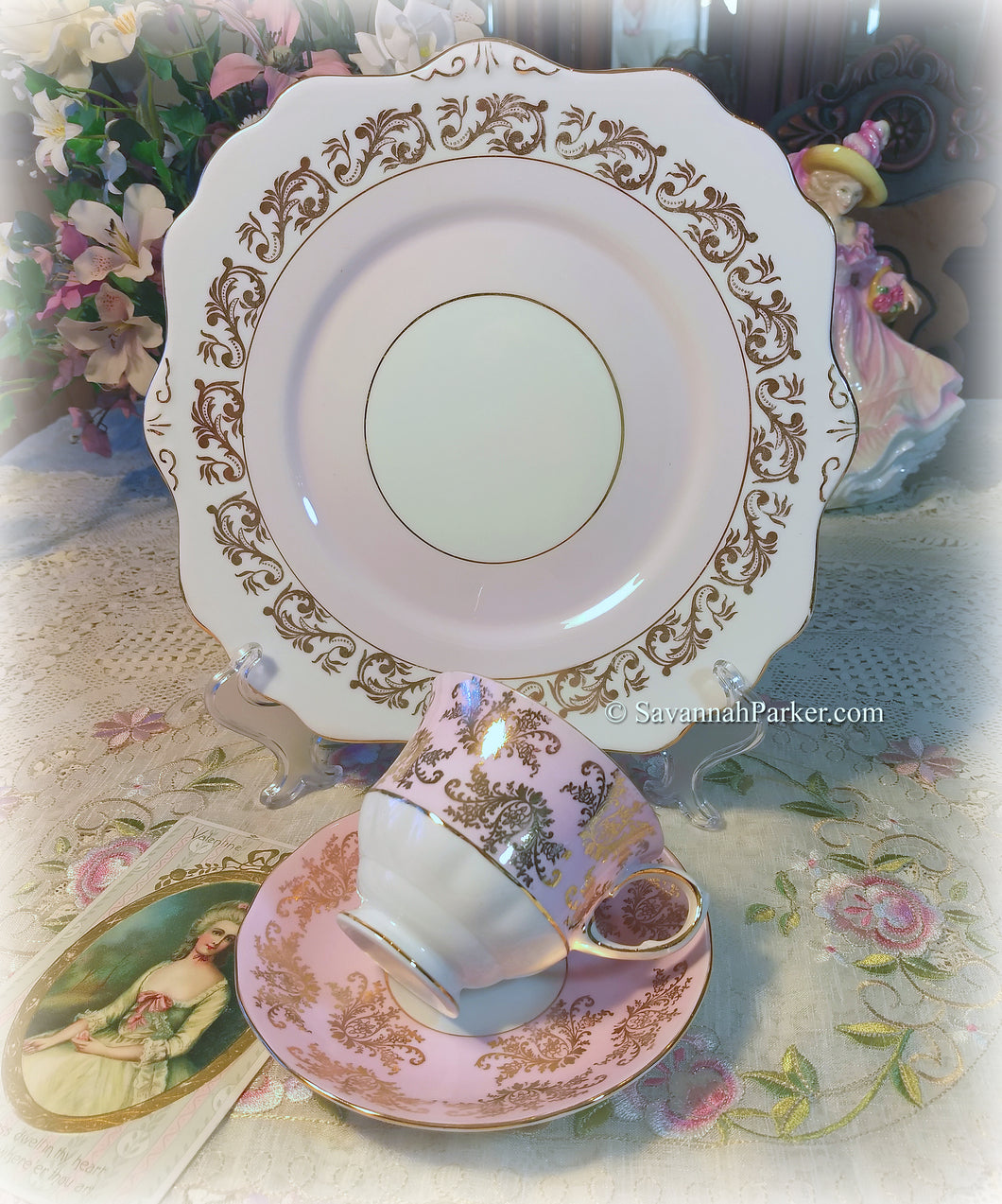 SOLD Vintage Queen Anne and Royal Stafford Pink and Gold Floral Bone China Tea Trio, Cup, Saucer, Cake Plate, Bridal Shower Wedding Gift