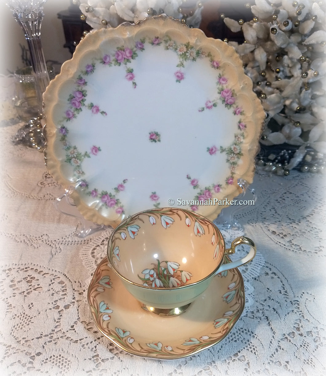 SOLD Dainty Vintage Apricot Queen Anne Hand Painted Bone China Snowdrops and M Z Austria China Tea Trio, Cup, Saucer, Plate - Shabby Chic