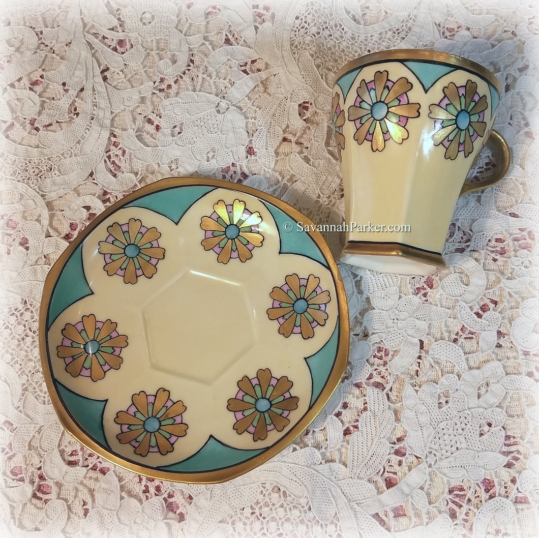SOLD Antique Artist-China-Painted 1910s 1920s Art Deco Style Hexagonal Lustre Demitasse Cup and Saucer Set, High Lustre Gold