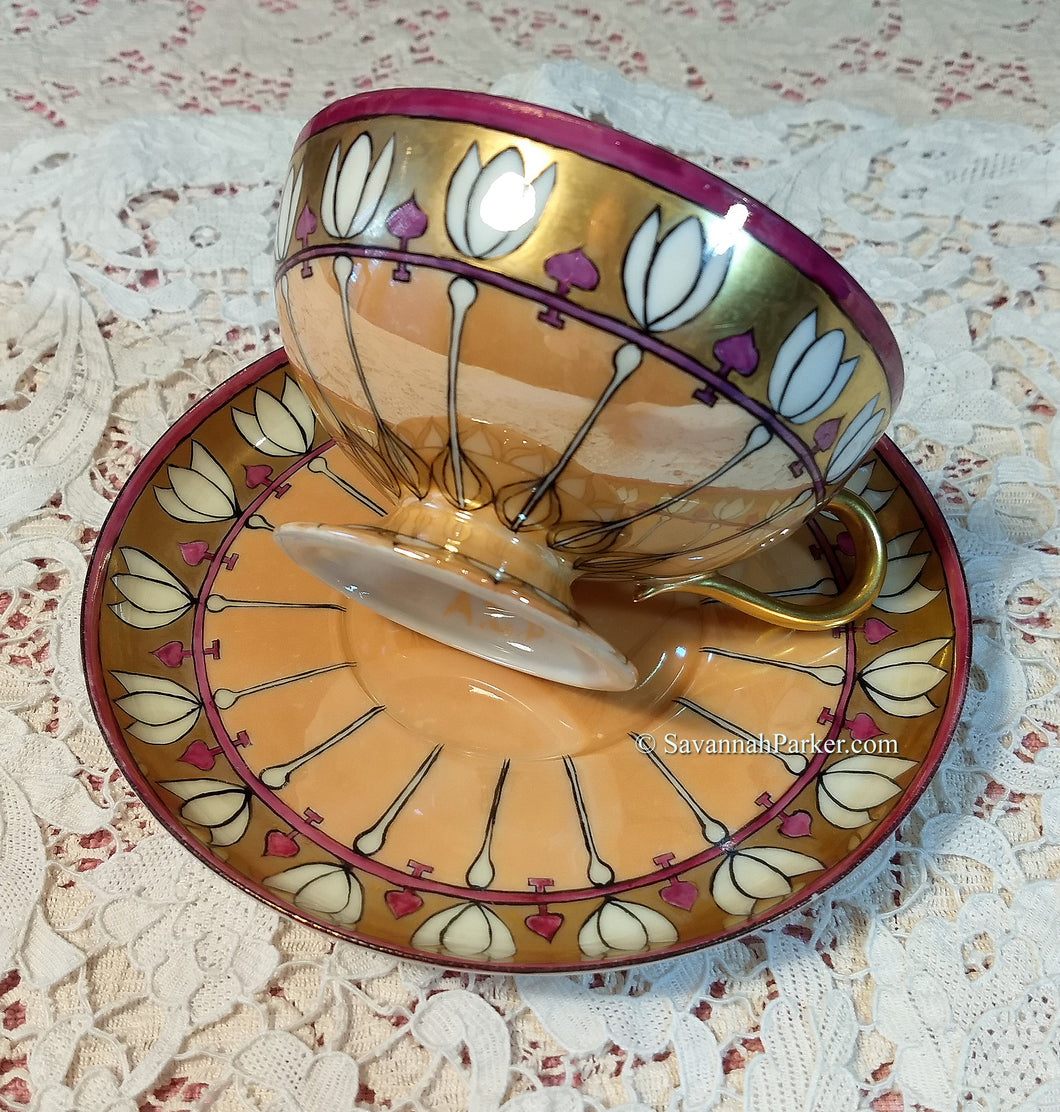 SOLD Antique Artist-China-Painted 1910s 1920s Egyptian Style Haviland France Iridescent Lustre Cup and Saucer Set, High Lustre Gold, Lotus Motif
