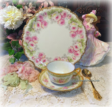 Load image into Gallery viewer, SOLD Antique Exquisite Limoges France Big Pink Roses and Applied Gold China Tea Trio, Cup, Saucer, Luncheon Plate ~ Shabby Chic Cottage Chic
