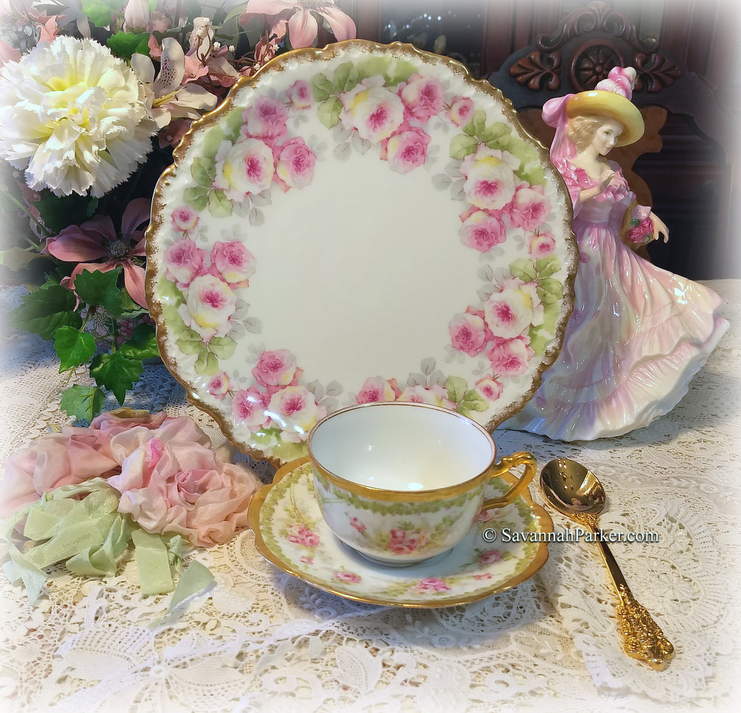 SOLD Antique Exquisite Limoges France Big Pink Roses and Applied Gold China Tea Trio, Cup, Saucer, Luncheon Plate ~ Shabby Chic Cottage Chic