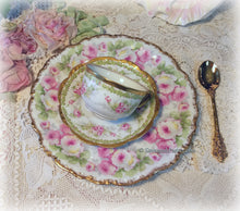 Load image into Gallery viewer, SOLD Antique Exquisite Limoges France Big Pink Roses and Applied Gold China Tea Trio, Cup, Saucer, Luncheon Plate ~ Shabby Chic Cottage Chic
