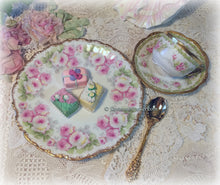 Load image into Gallery viewer, SOLD Antique Exquisite Limoges France Big Pink Roses and Applied Gold China Tea Trio, Cup, Saucer, Luncheon Plate ~ Shabby Chic Cottage Chic

