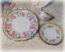 Load image into Gallery viewer, SOLD Antique Exquisite Limoges France Big Pink Roses and Applied Gold China Tea Trio, Cup, Saucer, Luncheon Plate ~ Shabby Chic Cottage Chic
