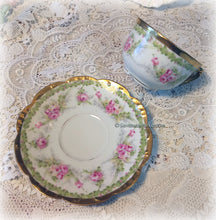 Load image into Gallery viewer, SOLD Antique Exquisite Limoges France Big Pink Roses and Applied Gold China Tea Trio, Cup, Saucer, Luncheon Plate ~ Shabby Chic Cottage Chic
