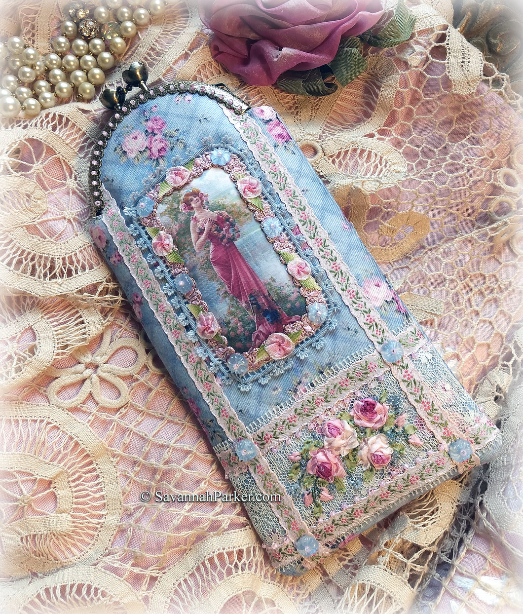 SOLD OUT Antique Style Handmade Victorian Ribbonwork Roses Phone Case Eyeglass Case Pouch, Silk Ribbon Embroidery Purse, Cell Case, Glasses Case