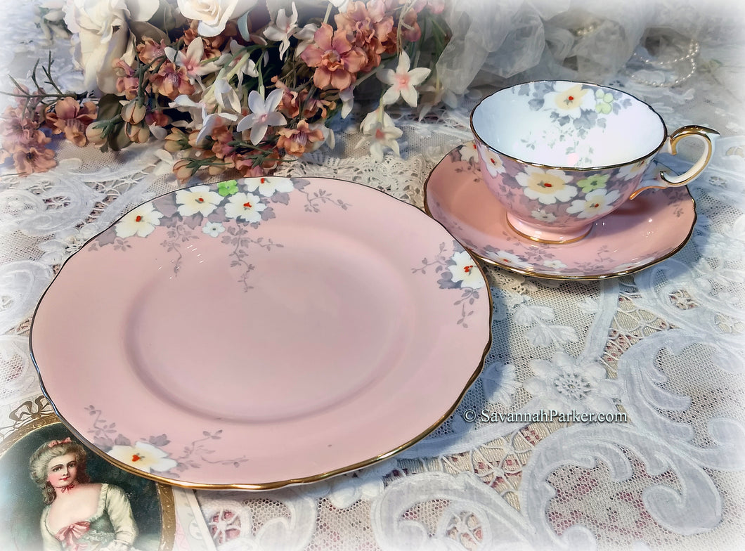 SOLD Rare Vintage Crown Staffordshire Blush Pink 3 piece Bone China Tea Trio, Bridal Shower Wedding Gift, Shabby Cottage Chic, Handpainted