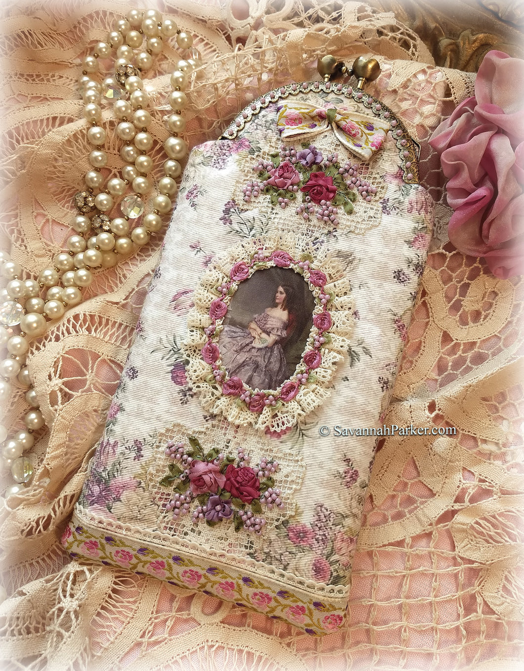 SOLD OUT Exquisite Handmade Victorian Ribbonwork Roses Phone Case Eyeglass Case Pouch, Silk Ribbon Embroidery Purse, Cell Case, Glasses Case