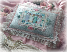 Load image into Gallery viewer, Exquisite Romantic Antique Lace and Silk Ribbonwork Handsewn Pillow - Gorgeous Shabby Chic Cottage - All Antique Laces - White Aqua Pink
