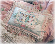 Load image into Gallery viewer, Exquisite Romantic Antique Lace and Silk Ribbonwork Handsewn Pillow - Gorgeous Shabby Chic Cottage - All Antique Laces - White Aqua Pink
