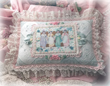 Load image into Gallery viewer, Exquisite Romantic Antique Lace and Silk Ribbonwork Handsewn Pillow - Gorgeous Shabby Chic Cottage - All Antique Laces - White Aqua Pink
